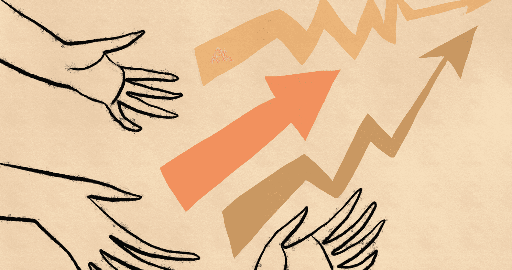 Des mains poussent des flèches dynamiques.