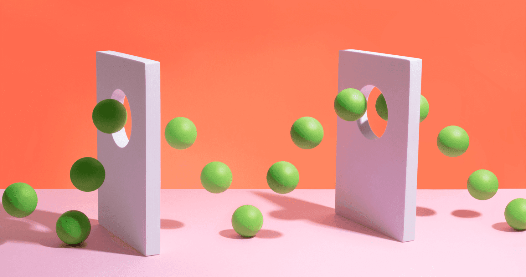 Des balles rebondissent en passant d'une première porte à une deuxième, puis partent.